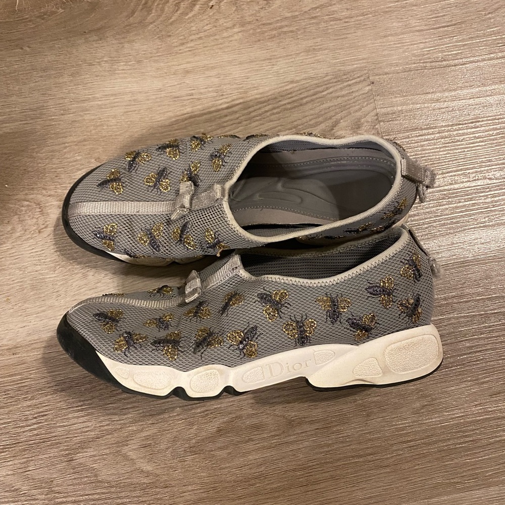 Dior Gray Mesh Slip-On Shoes with Bee Design